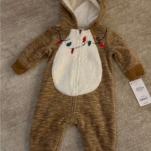 Target Brown and White Hooded Baby One-Piece with Holiday Light Embroidery